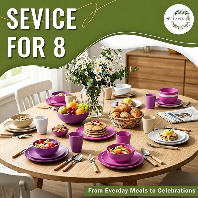 Wheat Straw Dinnerware Sets 40 PCS Bowl and Plate Sets With Cup Dishes Set for 8 Unbreakable Dish Sets Microwave Safe Plates Dinner Bowls Drinking Glasses With 4 Color - Flower Color