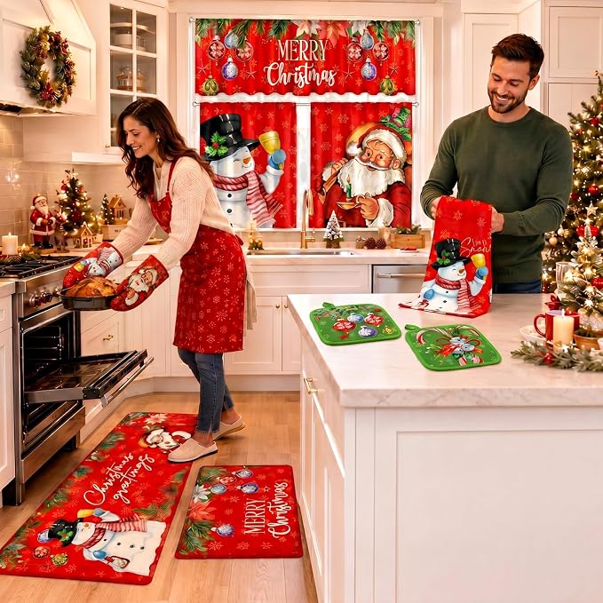 13 Pcs Christmas Kitchen Sets Christmas Oven Mitts and Pot Holders Set Xmas Kitchen Dish Towels Santa Rugs and Nonslip Mats for Home Cooking Baking Grilling Gift Decoration