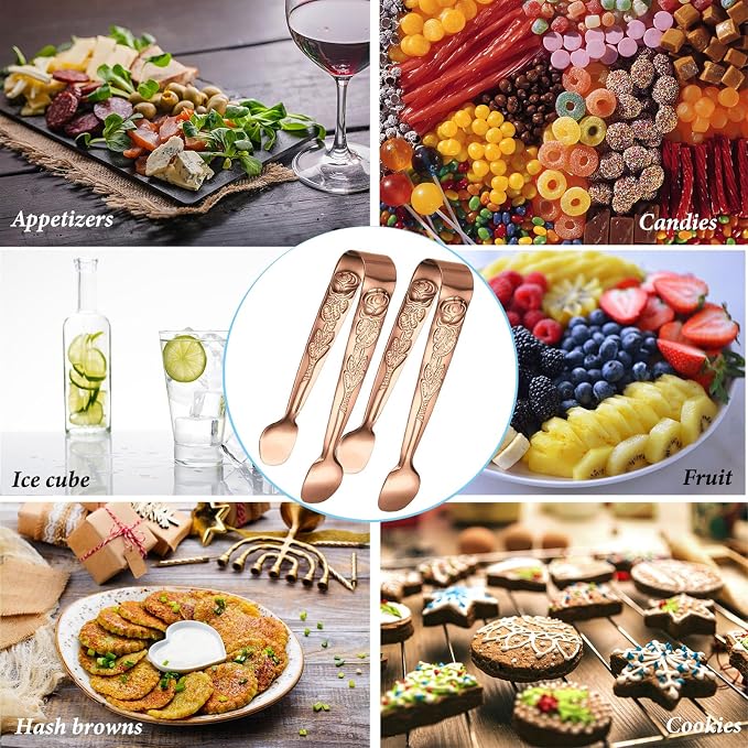 Mini Serving Tongs, 6PCS Small Rose Sugar Cube Tong, Small serving tongs Stainless Steel Ice Tong, 4Inch Rose Gold tongs for Kitchen, Appetizers, Coffee Bar, Salad, Desserts and Charcuterie Board
