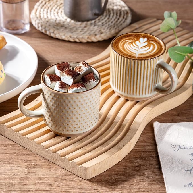 GBhome 8 OZ Stackable Coffee Mugs Set of 4, Ceramic Coffee Cups Set | 4 Assorted Designs, Embossed Mugs with Texture Patterns for Espresso/Tea, Dishwasher&Microwave Safe, Khaki