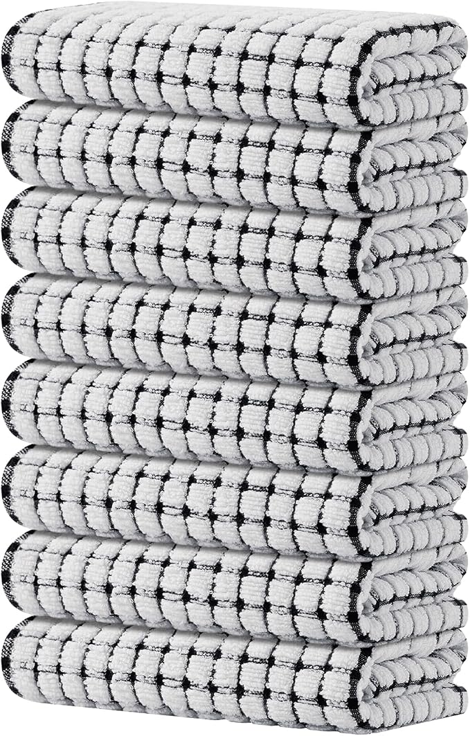 Kitinjoy Cotton 8 Pack Terry Kitchen Towels, Black | 16 x 25 Inches Super Soft and Absorbent Dish Towels, Quick Drying hand towels for kitchen Drying