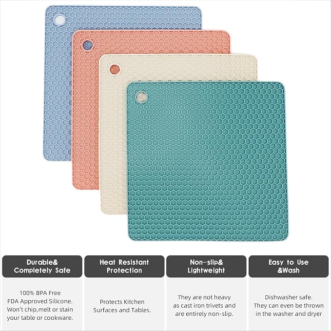 Silicone Trivets for Hot Dishes, Pots and Pans, Hot Pads for Kitchen, Mixing Color Silicone Pot Holders Mats for Kitchen Quartz Counter Heat Resistant Mat, Flexible Table Trivet Mat Set 4