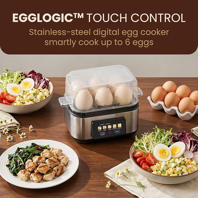 Elite Gourmet Digital Egg Cooker, 6-Egg, Steel Heating Plate & Housing | One-touch graphic display cooks soft, medium, or hard-boiled eggs plus poached eggs and omelets - auto shut-off feature