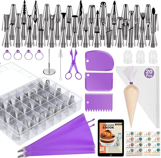 Kootek 90 Piping Bags and Tips Set Frosting Piping Kit for Beginners & Pros | Storage Case, Baking Supplies Kit, 55 Numbered Icing Tips, 20+2 Piping Bags, Pattern Chart, for Cupcake Cookie Cake Decoratin