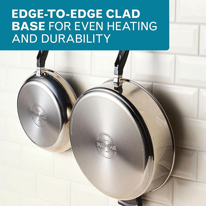 Farberware Classic Series Anniversary Edition Stainless Steel Sauté Pan and Lid with Helper Handle, Induction Suitable, 6 Quart Jumbo Cooker, Metal Utensil Safe - Stainless Steel