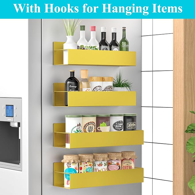 Metal Magnetic Spice Rack for Refrigerator Gold, 4 Pack | Magnetic Shelves Heavy Duty for Fridge in Kitchen, Seasoning Storage Organizer, For Oven Washer and Dryer, For Heavier Items
