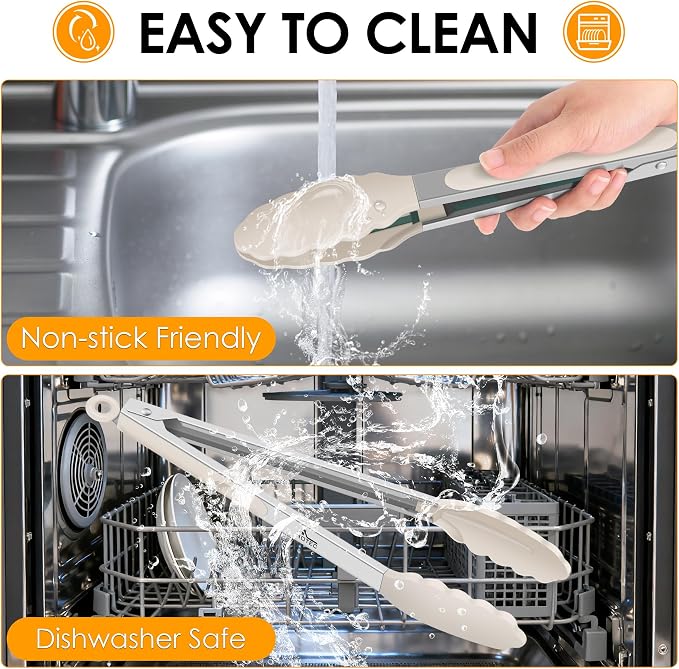 HOTEC Premium Stainless Steel Locking Kitchen Tongs with Silicon Tips, Set of 2-9" and 12",Khaki