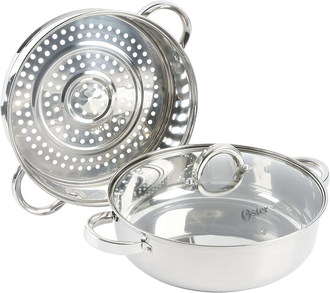 Oster Sangerfield 11-Inch Stainless Steel Everyday Cookware Pan with Steamer and Lid – Durable Nonstick Frying Skillet for Kitchen Cooking (Pack of 2)