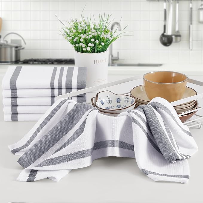 Homaxy Premium Cotton Stripe Kitchen Towels 8 Pack, 18"x 28", Grey | Large 380 GSM Kitchen Hand Towels, Soft Terry Dish Towels, Highly Absorbent Tea Towel Set with Hanging Loop