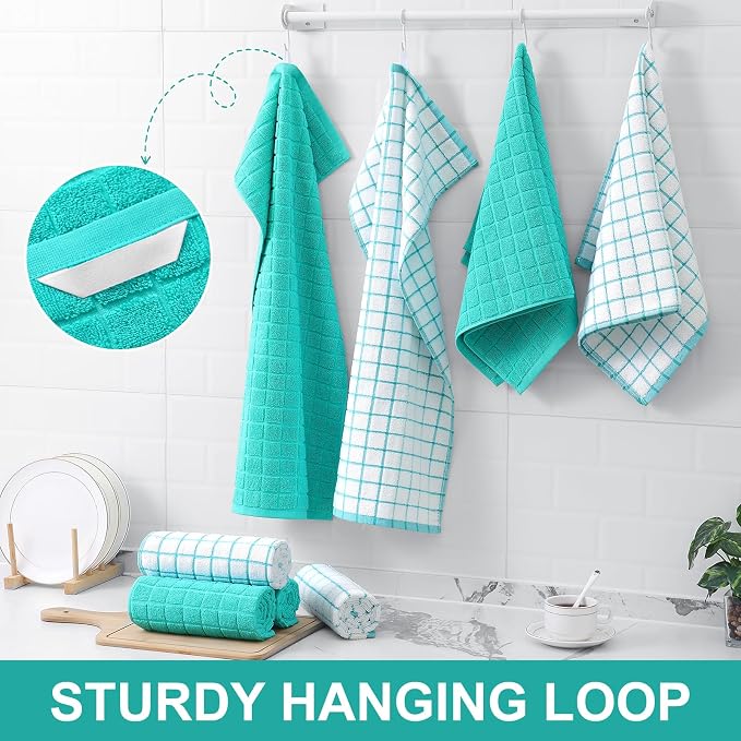 Homaxy Large Premium Cotton Kitchen Towels 16"x 28", 6 Pack, Aqua | Natural Ring Spun 390 GSM Dish Towels, Super Absorbent Terry Kitchen Hand Towels, Soft Tea Towels with Hanging Loop
