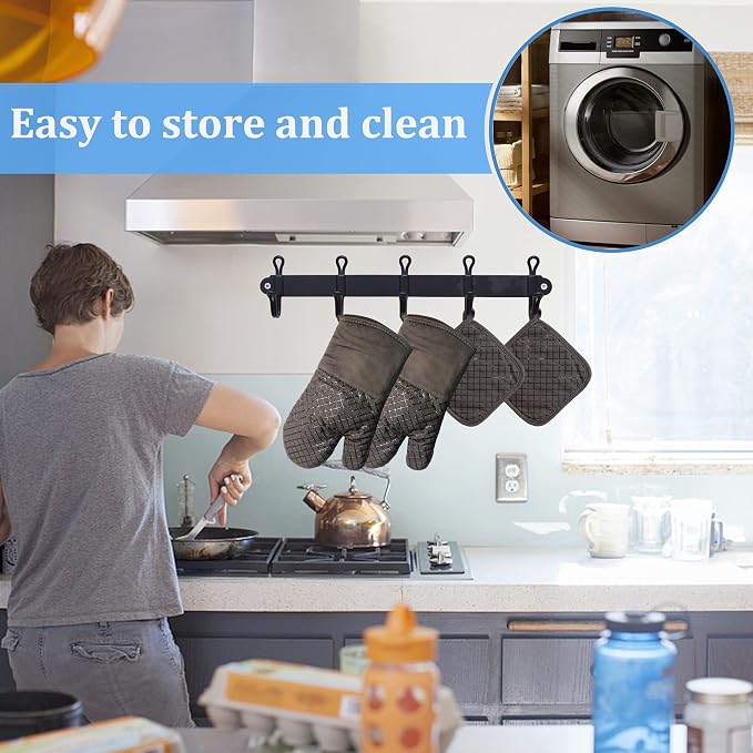4 Pcs Oven Mitts and Pot Holders,500°F High Heat Resistant Kitchen Oven Mitts with Pot Holders,Long Oven Mitts with Recycled Cotton Infill and Silicone Non-Slip Surface for Baking and Cooking(Grey)