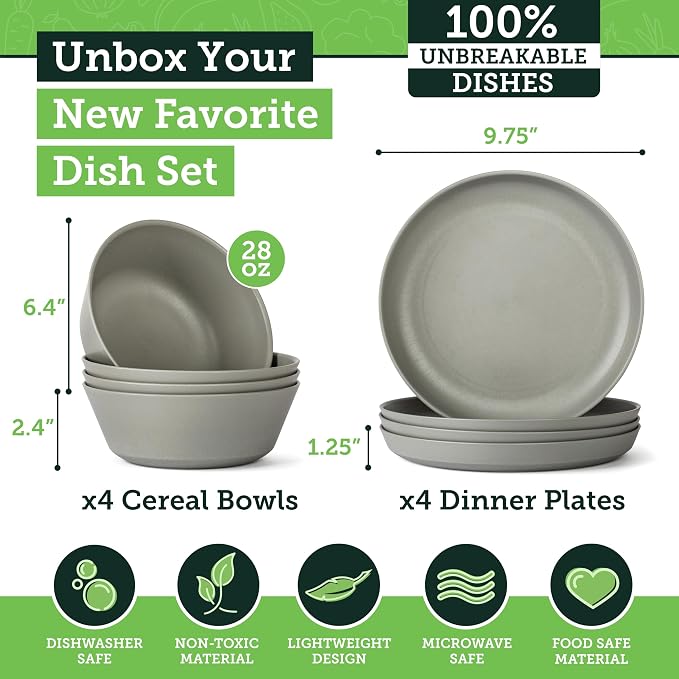 Grow Forward Premium Wheat Straw Plates and Bowls Sets - 8-Piece Wheat Straw Dinnerware Sets - Unbreakable & Reusable Microwave Safe Plastic Dinner Plates for Outdoors, RV, Camping Dishes - Feather