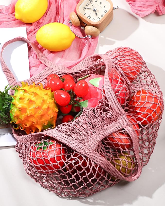 Eccliy 12 Pcs Reusable Mesh Grocery Bags Portable Cotton Produce Containers Washable Net Mesh Tote Bag Handle String Shopping(Pink)
