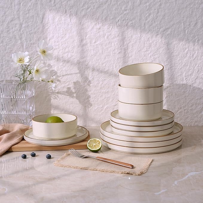 Famiware Nebula 18-Piece Dinnerware Set, Vanilla White with Brown Rim | Stoneware Dish Set for 6, Plates and Bowls, Microwave and Dishwasher Safe, Chip and Scratch Resistant
