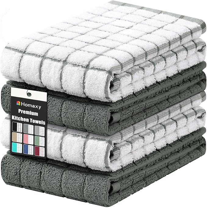 Homaxy Large Premium Cotton Kitchen Towels 16"x 28", 4 Pack, Dark Green | Natural Ring Spun 390 GSM Dish Towels, Super Absorbent Terry Kitchen Hand Towels, Soft Tea Towels with Hanging Loop