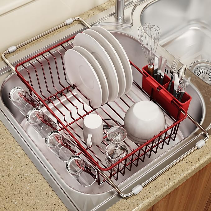 Red Dish Drying Rack Over The Sink with Utensil Holder | Expandable Stainless Steel Dish Drainer for Small Kitchen, Apartment, RV, Counter Space Saving, Perfect Fit, Rustproof