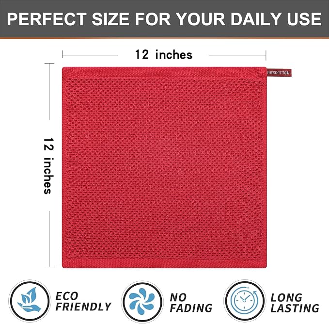 Kitinjoy 100% Cotton Waffle 8-Pack Kitchen Towels, 12" x 12", Red | Ultra Absorbent, Super Soft, lightweight, Quick Drying Dish Rags for Washing Dishes