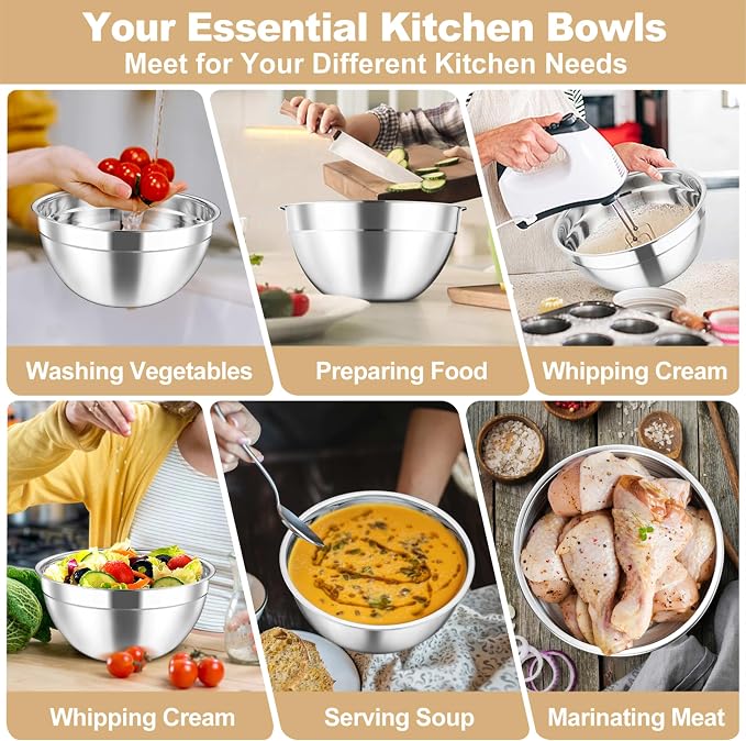 TeamFar Mixing Bowls Set, 4.5/3/1.5/1/0.7 QT Salad Bowl with Lids, Khaki | Stainless Steel Nesting Bowls with Visible Airtight Lids, For Serving/ Mixing/ Storing, Non-Toxic & Dishwasher Safe, Set of 5