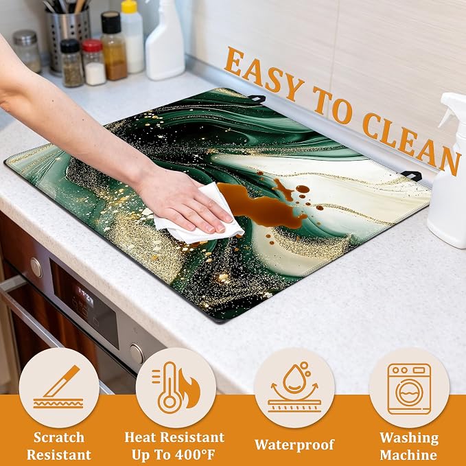 Electric Stove Top Cover,Green Gold Marble Stove Cover for Glass Top Electric Stove,Modern Heat Resistant Flat Top Stove Mat Countertop Protector, 28 x 20 Inch