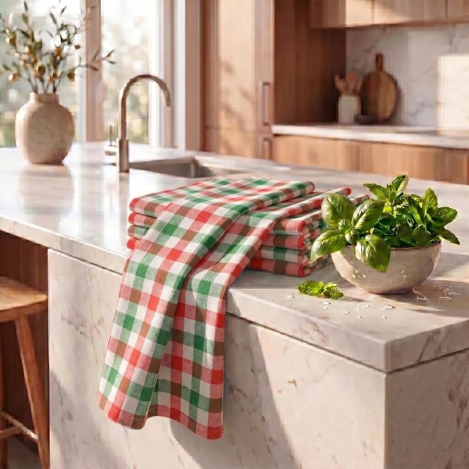 Urban Villa Kitchen Towels Cotton Dish Towels 20”x30” (Set of 6)Red/Grn/Wht