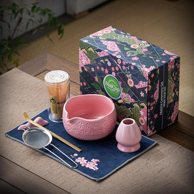 Buucup Matcha Whisk Set, Ceramic Matcha Kit with Bowl & Tools, Pink | 7-piece set includes ceramic bowl, bamboo whisk, scoop, holder, rest, sifter and tea towel for easy matcha making at home.