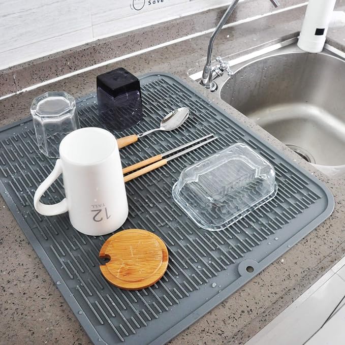 Extra Large Silicone Trivet - Heat Resistant Dish Drying Mat dish mat Gray | 18 x 16 in, silicone drying mat for kitchen counter, dish drainers, hot pads and trivets, sink dish mat drying kitchen mat