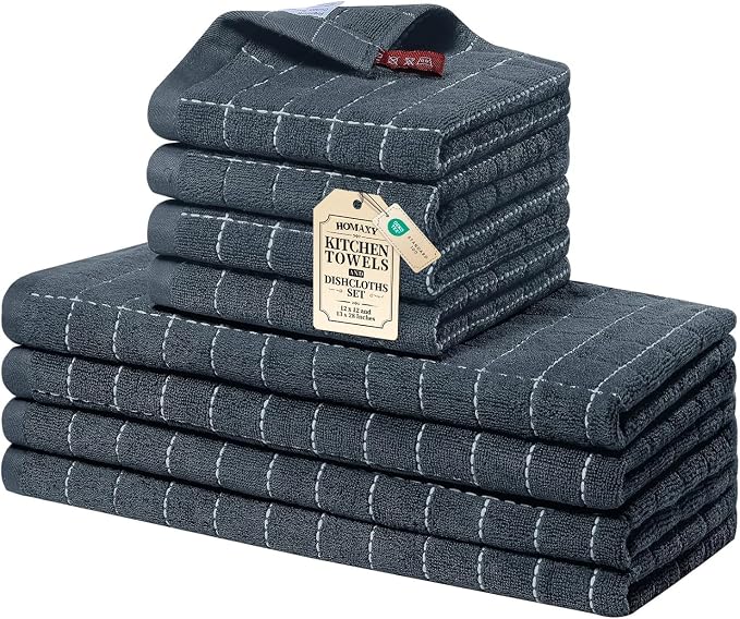 Homaxy Kitchen Towels and Dishcloths Set, Set of 8, Dark Grey | Bulk Cotton Terry Kitchen Towels, Checkered Designed, Soft and Super Absorbent Dish Towels, 12 x 12 and 13 x 28 Inches