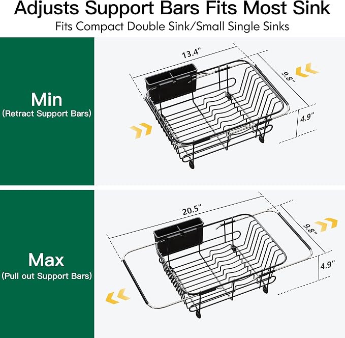 JASIWAY Black Dish Drying Rack in Sink with Utensil Holder, RV, Apartment | Over Sink Expandable Stainless Steel Dish Drainers for Compact Kitchen, Space Saving, Fast Drain, Rustproof, For 1-2 people