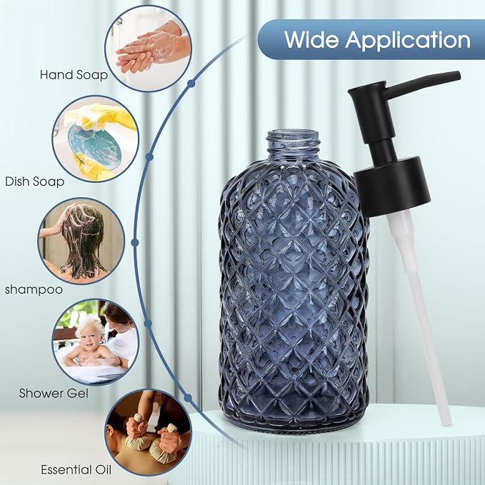 Topsky Gem Glass Soap Dispenser with Black Plastic Pump, 13oz Liquid Hand Soap Dispenser, Rustproof Pump for Kitchen & Bathroom, Great for Lotions, Essential Oil, Liquid Soaps-Grayish Blue