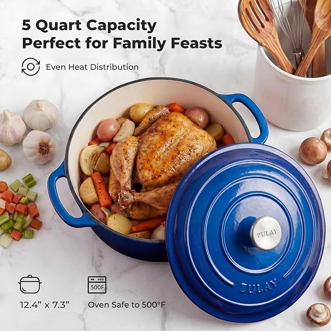 Zulay Kitchen 5 Quart Enameled Cast Iron Dutch Oven Pot with Lid – Premium Durability & Oven Safe up to 500°F – Heavy Duty Cookware Perfect for Bread Baking, Stews, Braising & Roasting – Blue