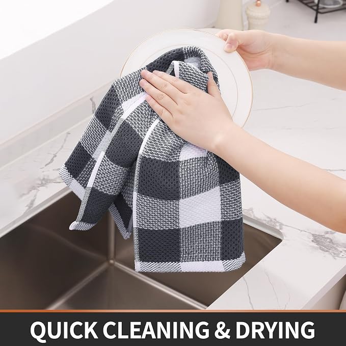 Homaxy Kitchen Towels and Dishcloths Set, Set of 8, White & Dark Grey | Bulk Cotton Waffle Weave Check Plaid Kitchen Towels, Super Soft and Absorbent Dish Cloths, 12 x 12 and 13 x 28 Inches