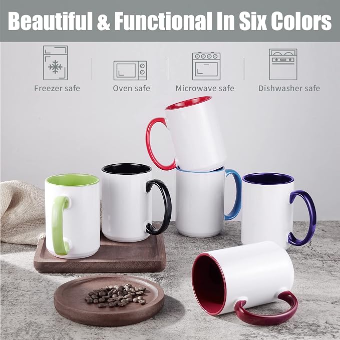 TANGLONG 12PCS 15oz Sublimation coffee Mugs - 6 Assorted Colors-with Box | Heat Sensitive Coffee Mugs for homemade gifts,Home ,Kitchen,office,casual dringking water,juice,milk,latte
