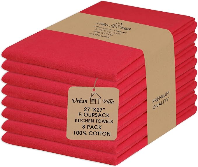 Urban Villa Kitchen Towels Cotton Dish Towels 27”x27” (Set of 8) Red