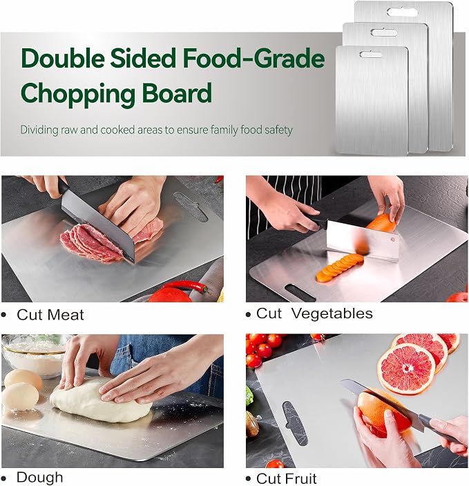Titanium Cutting Board Set of 3,100% Pure Titanium Cutting Boards for Kitchen, Double Sided Food-Grade Chopping Board for Cutting Meat Vegetable Fruit, Dishwasher Safe