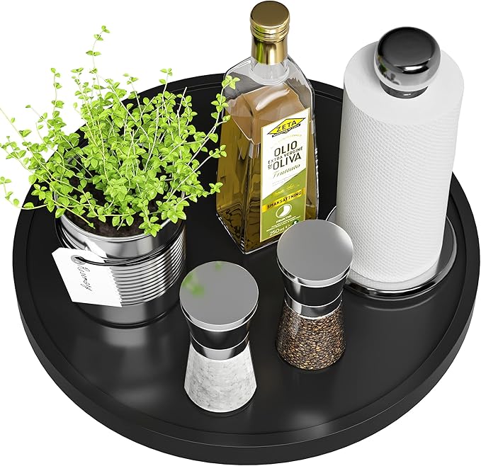 Lazy Susan for Table, 12 Inch Non-Skid Bamboo Turntable Organizer | Salt Pepper Spices and Olive Oil Next to Stove, Wooden Rotating Tray for Kitchen Countertop Organizer, Black