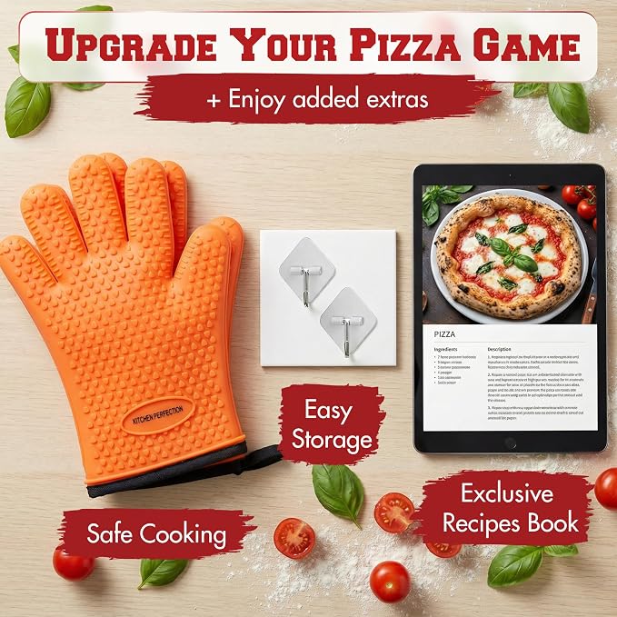 Kitchen perfection Silicone Pizza Oven Gloves - Heat Resistant Oven Mitts | Waterproof, 5-Finger Design For A Better Grip, for Outdoor & Indoor Pizza Ovens, Compatible with Ooni, Ninja, Gozney & More