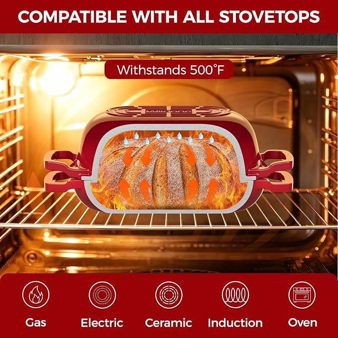 Wildone Enameled Cast Iron Dutch Oven Pot with Lid, Oval Bread Oven | Loaf Cast Iron Bread Pan for Homemade Bread Baking, Meatloaf Pan with Lid, 5.5QT, Red