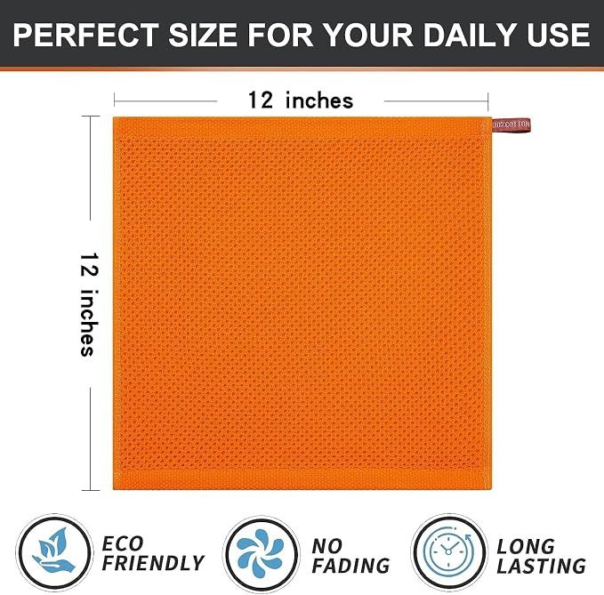 Kitinjoy 100% Cotton Waffle 12-Pack Kitchen Towels, 12" x 12", Orange | Ultra Absorbent, Super Soft, lightweight, Quick Drying Dish Rags for Washing Dishes