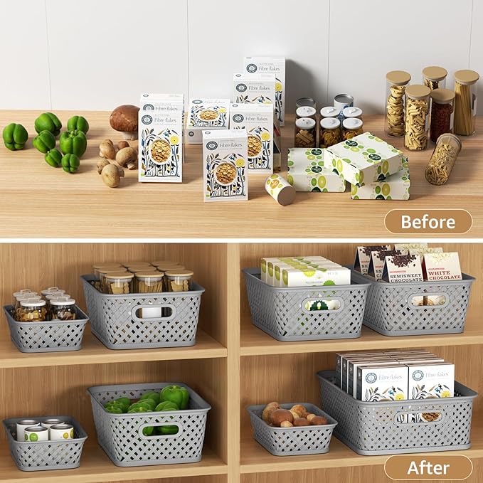 MaxGear 3 Pack Plastic Storage Baskets, Medium, Grey | Durable Woven Plastic with Built-In Handles, Suitable for Shelves, Closets, Cabinets, Bathrooms and Offices