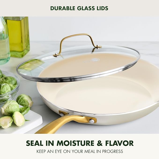 GreenPan Swift 12" Ceramic Nonstick Frying Pan Skillet with Lid, PFAS & PFOA-Free Healthy Cooking, Gold Stainless Steel Handle, Versatile Cooking Essentials, Dishwasher & Oven Safe, Cream