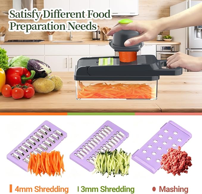 15-in-1 Vegetable Chopper 10 Blades, Veggie Cutter with Handle, Black/Purple | Stainless Steel Blades, Food Container and Lid, Dicer, Slicer, Julienne, Egg Separator, Non-slip Base, Include Cleaning Tools