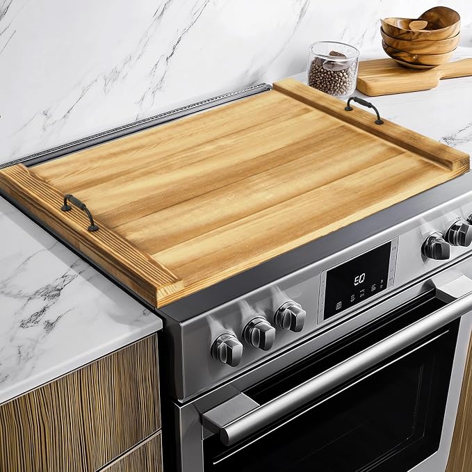 Gas Stove Top Cover with Handles, Wooden Noodle Board for Electric Gas Stovetop, 30 x 22 Inches, Light Brown