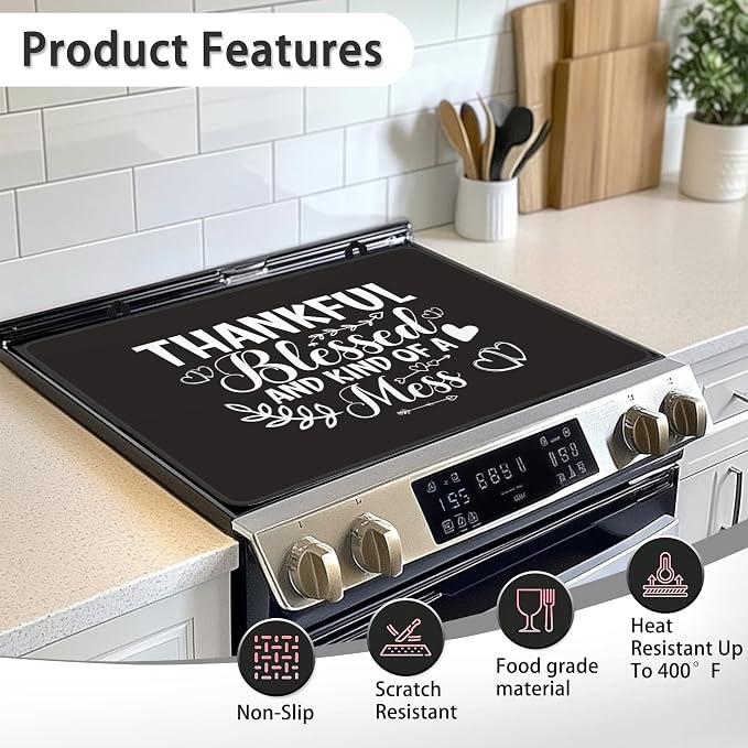Thankful Blessed and Kind of a Mess Stove Top Cover for Electric Stove,Extra Thick Natural Rubber Glass Top Protector,Prevents Scratching,Expands Usable Space 28 x 20