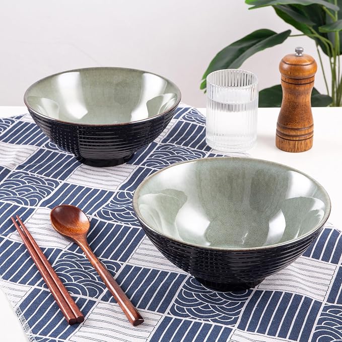 Ceramic Japanese Ramen Bowl Set, 2 Sets Asian Pho Udon Soup Noodle Bowls with Spoons and Chopsticks (Grayish Green, 8 inches)