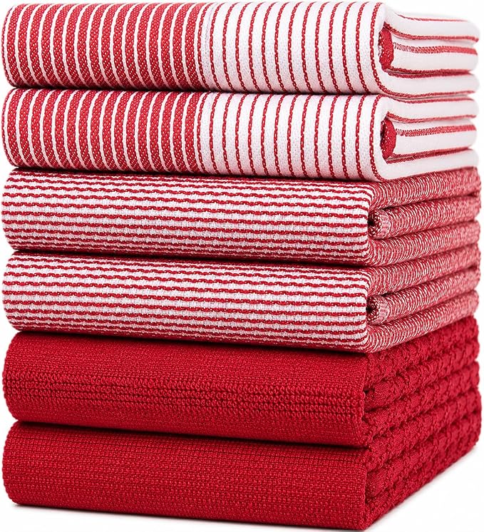 Premium Kitchen Towels 6 Pack 100% Cotton, 20"x28" Dish Towels - Red | Large Flat & Terry Kitchen Linen Set with Hanging Loops, Highly Absorbent for Washing and Drying Dishes