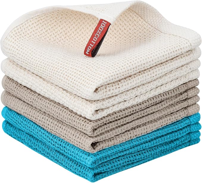 Nialnant 6 Pack Kitchen Towels, 100% Cotton Waffle Weave, 12x12 Inches | Absorbent Quick Drying Dish Rags, Dish Cloth for Washing Dishes, Multipurpose Cleaning Rags