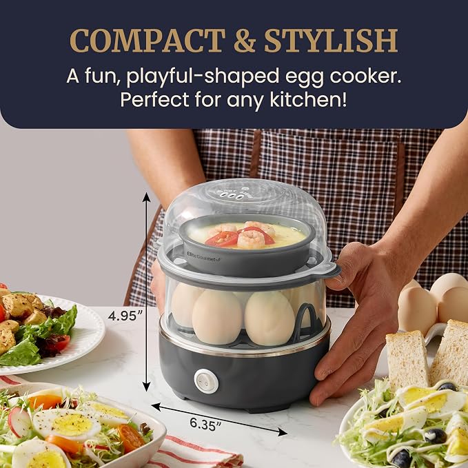 Elite Gourmet EGC1215B Easy Egg Cooker, Two-Tiered, 14-Egg, Black | Steel heating plate cooks soft, medium, hard-boiled eggs, omelets, poached eggs - auto shut-off - measuring cup, piercing pin