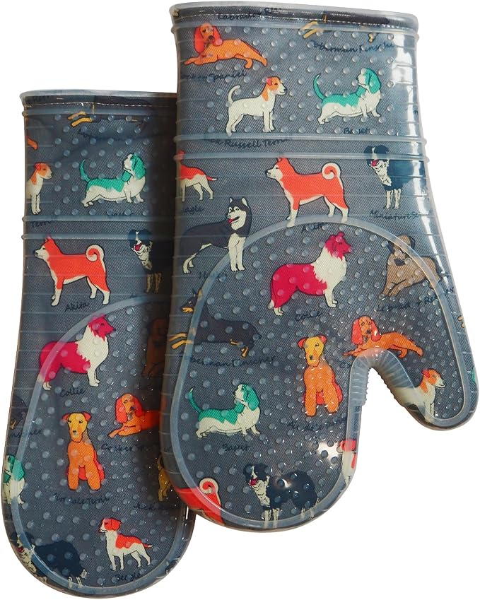 Oven Mitts with Transparent Clear Silicone Shell and Nice Dog Printing | Cotton Lining Set of 2 Kitchen Mittenes Heat Resistant to 500 F Oven Gloves Pot Holder for Cooking (Grey)