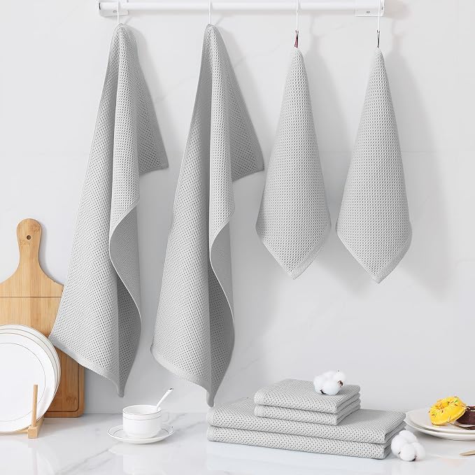 Homaxy 8 Pack 100% Cotton Kitchen Towels and Dishcloths Set, Light Gray | 12 x 12 Inches and 13 x 28 Inches Kitchen Towels Set, Ultra Soft Absorbent Dish Cloths for Washing Dishes