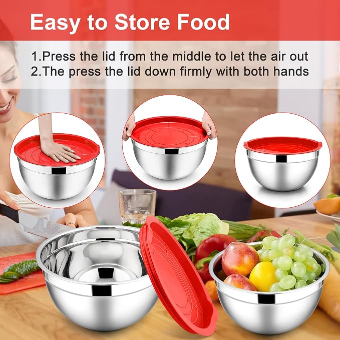 E-far Mixing Bowls with Lids Set, 6-Piece Stainless Steel Salad Bowls | Metal Nesting Cooking Bowls with Airtight Lid for Kitchen Storage, Baking & Prepping, Dishwasher Safe, 1.5/3/4.5 QT, Red